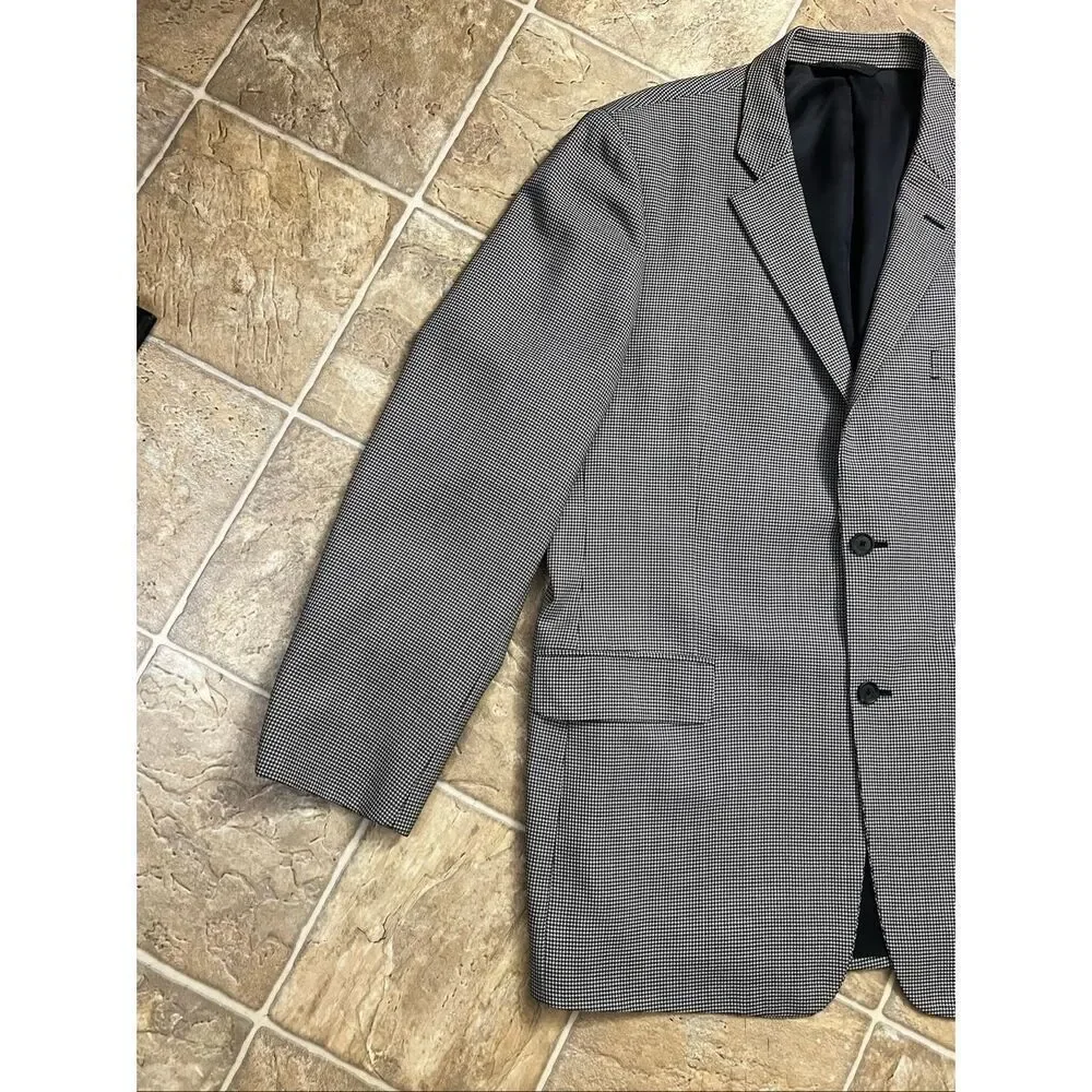 John W Nordstrom Blazer 100% Wool Black Grey Houndstooth Men 46L Two-Button